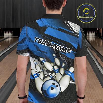 Custom Black And Blue Hexagon Pattern Bowling Polo Shirts For Men, Bowling Team Uniform IPHW9422