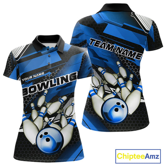 Custom Black And Blue Hexagon Pattern Bowling Polo Shirts For Women, Bowling Team Uniform IPHW9422
