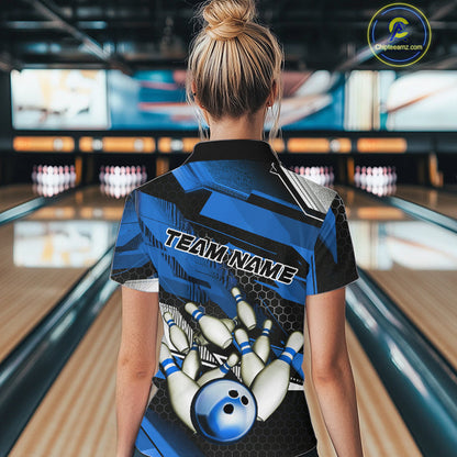 Custom Black And Blue Hexagon Pattern Bowling Women Quarter-Zip Shirts, Team Uniform IPHW9422