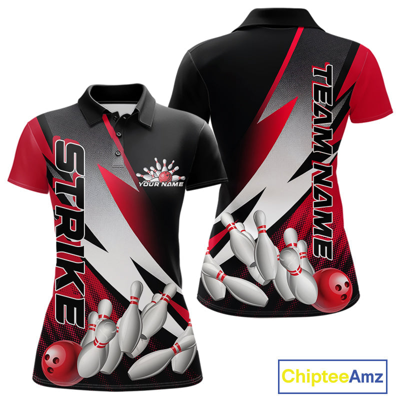 Custom Black And Red Strike Bowling Polo Shirts For Women, Bowling Team Uniform IPHW9423