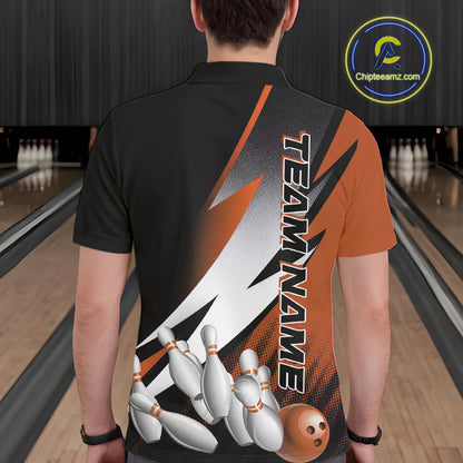 Custom Black And Orange Strike Bowling Polo Shirts For Men, Bowling Team Uniform IPHW9424