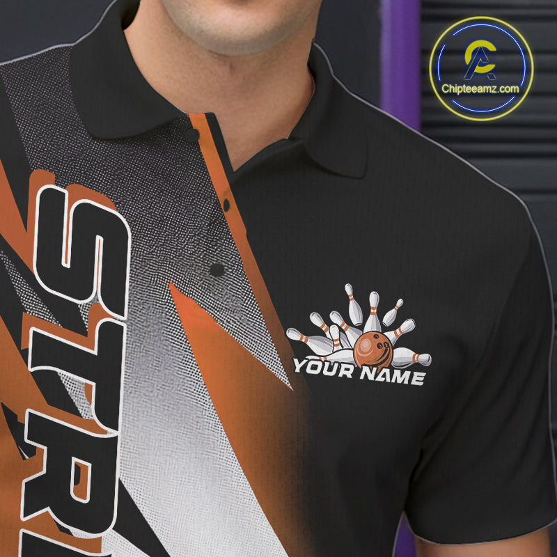 Custom Black And Orange Strike Bowling Polo Shirts For Men, Bowling Team Uniform IPHW9424