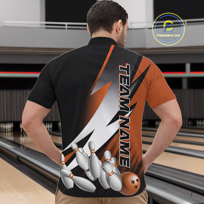 Custom Black And Orange Strike Bowling Quarter-Zip Shirts For Men, Bowling Team Uniform IPHW9424