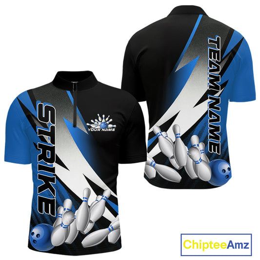 Custom Black And Blue Strike Bowling Quarter-Zip Shirts For Men, Bowling Team Uniform IPHW9425