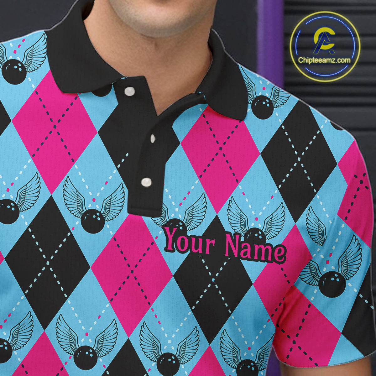 Blue And Pink Argyle Pattern Custom Bowling Shirts For Men, Personalized Bowling Team Shirt IPHW7306