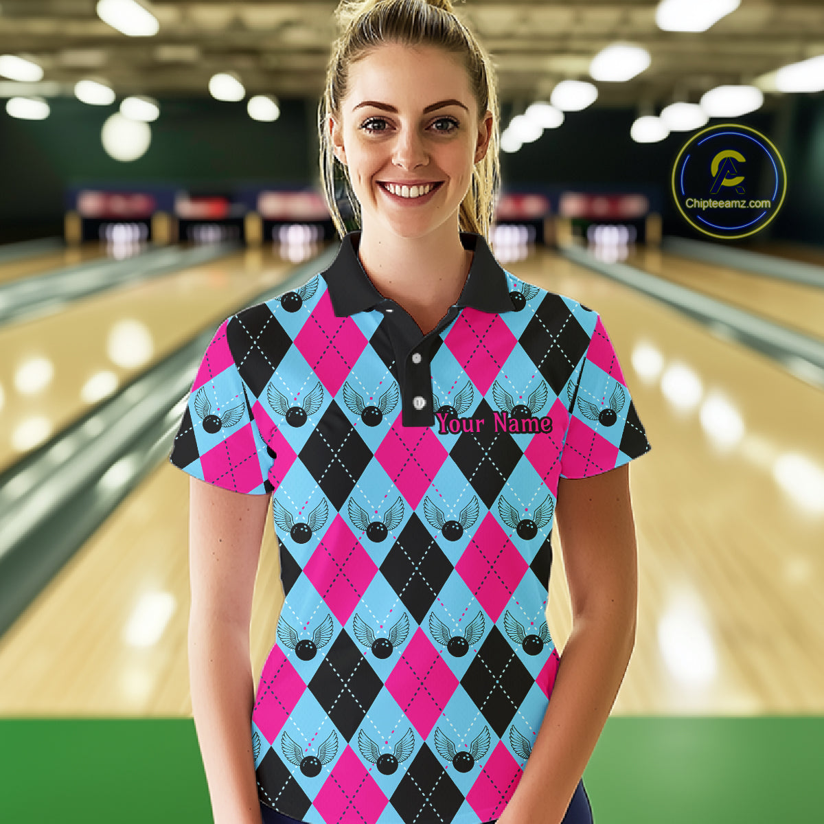 Blue And Pink Argyle Pattern Custom Ladies Bowling Shirts, Personalized Bowling Team Shirt IPHW7306