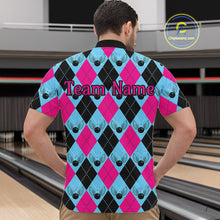 Load image into Gallery viewer, Blue And Pink Argyle Pattern Custom Bowling Shirts For Men, Personalized Bowling Team Shirt IPHW7306