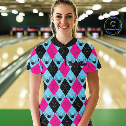Blue And Pink Argyle Pattern Custom Ladies Bowling Shirts, Personalized Bowling Team Shirt IPHW7306