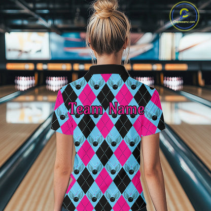 Blue And Pink Argyle Pattern Custom Ladies Bowling Shirts, Personalized Bowling Team Shirt IPHW7306