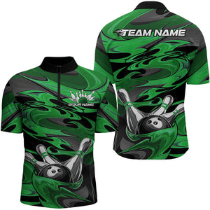 Black And Green Camo Custom Flame Bowling Quarter-Zip Shirts For Men, Bowling Team Uniform IPHW8029