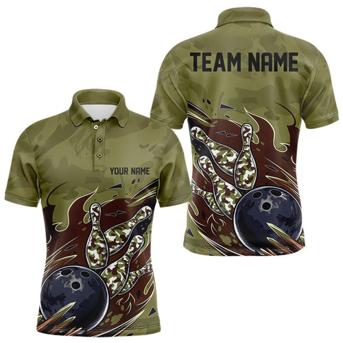 Custom Military Camo Bowling Polo Shirts For Men, Patriotic Veteran Bowling Team Shirt IPHW8038