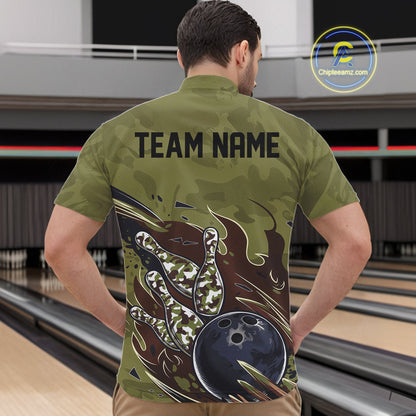 Custom Military Camo Bowling Quarter-Zip Shirts For Men, Patriotic Veteran Bowling Team Shirt IPHW8038