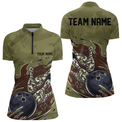 Custom Military Camo Bowling Quarter-Zip Shirts For Women, Patriotic Bowling Team Shirt IPHW8038