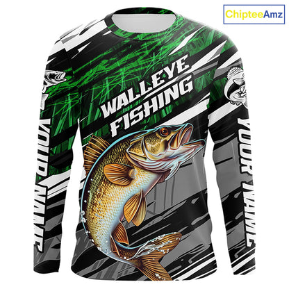 Walleye Fishing Camo Long Sleeve Fishing Shirts, Custom Walleye Tournament Fishing Jerseys | Green IPHW5956