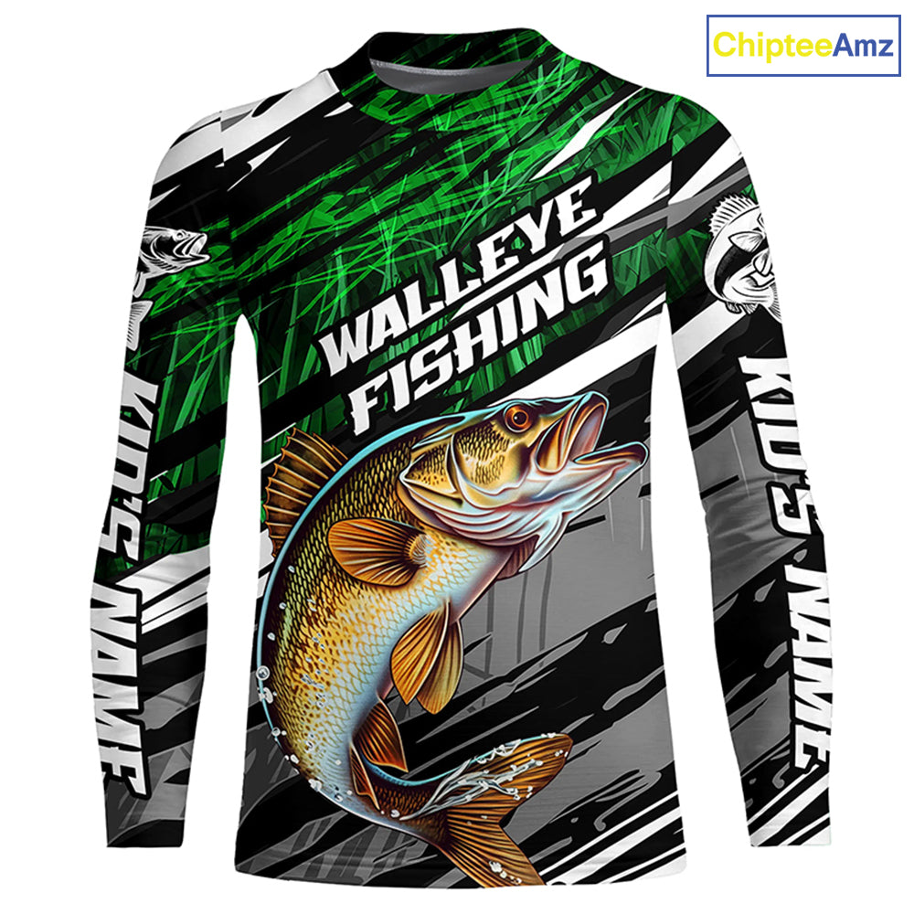 Walleye Fishing Camo Long Sleeve Fishing Shirts, Custom Walleye Tournament Fishing Jerseys | Green IPHW5956
