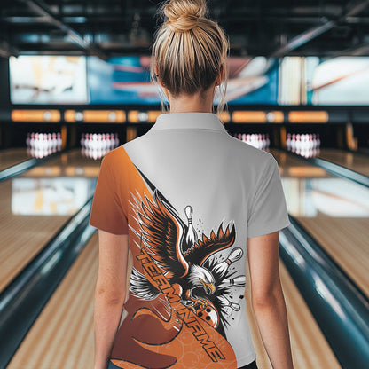 Custom Orange Eagle Bowling Team Women Polo Shirts, Bowling League Shirt Bowlers Outfit IPHW8754