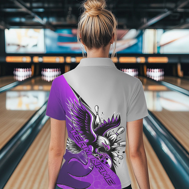 Custom Purple Eagle Bowling Team Women Polo Shirts, Bowling League Shirt Bowlers Outfit IPHW8756