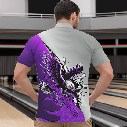Custom Purple Eagle Bowling Team Men Quarter-Zip Shirts, Eagle Bowling League Shirt Bowlers Outfit IPHW8756