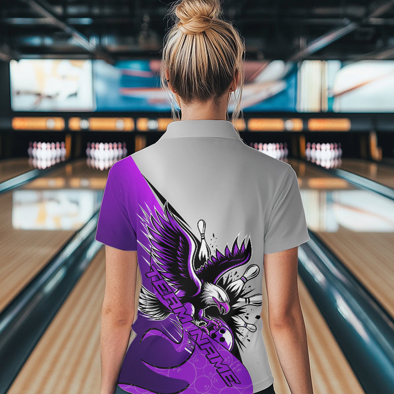 Custom Purple Eagle Bowling Team Women Quarter-Zip Shirt, Bowling Team Shirt Bowlers Outfit IPHW8756