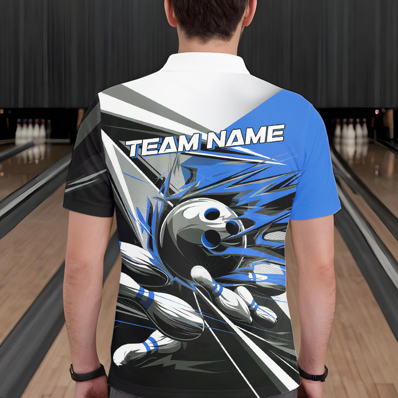 Custom Black And Blue Striking Bowling Polo Shirts For Men, Team Uniform Bowlers Outfits IPHW8765