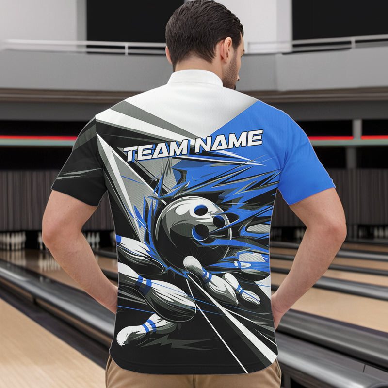 Custom Black And Blue Striking Bowling Quarter-Zip Shirts For Men, Team Uniform Bowlers Outfits IPHW8765