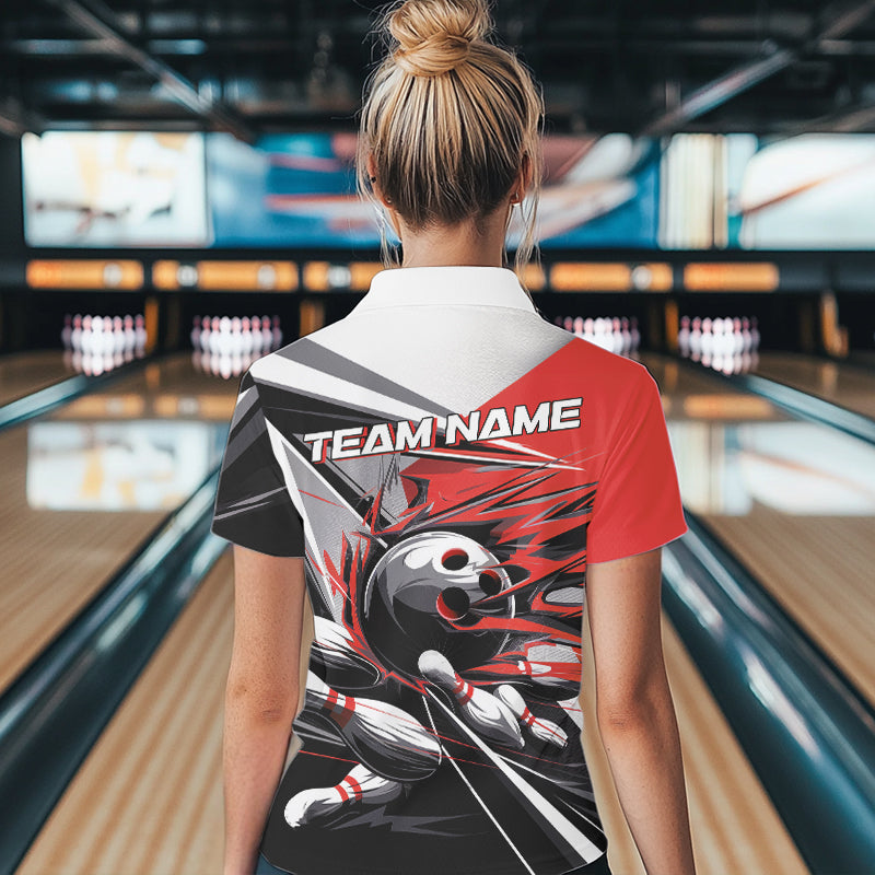 Custom Black And Red Striking Bowling Polo Shirts For Women, Team Uniform Bowlers Outfits IPHW8766