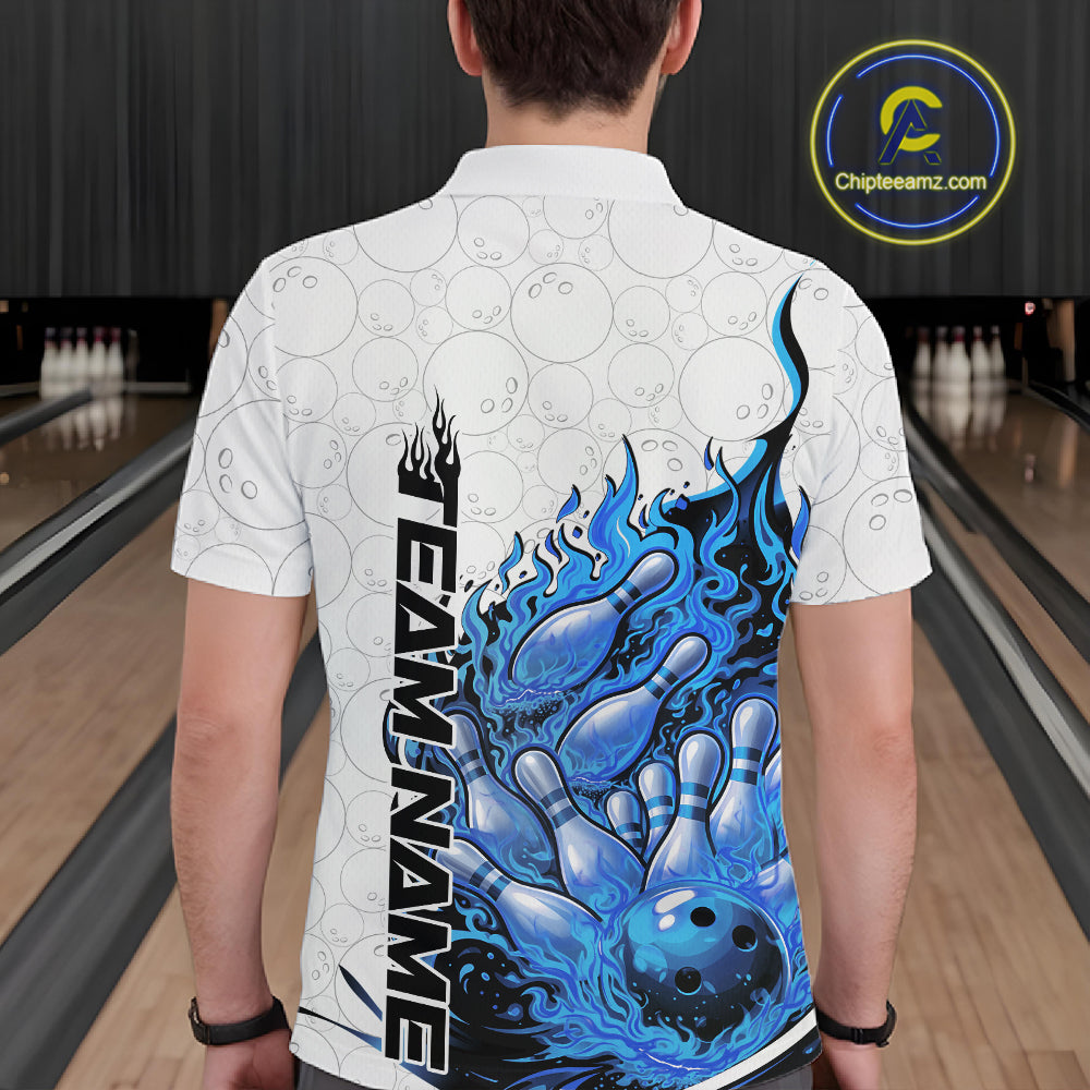 Back view of a white and blue bowling polo shirt featuring a flaming bowling ball and bowling pins illustration.