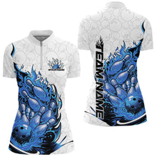 Load image into Gallery viewer, Cusom Blue Flame Bowling Women Quarter-Zip Team Shirt, Fire Bowling Tournament Jersey IPHW11129