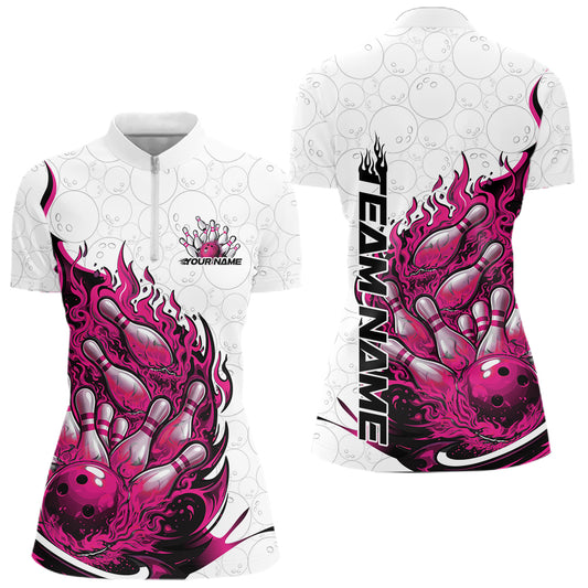 Front and back mockup of womens bowling quarter zip in white and pink featuring flaming bowling ball crashing into pins with playful fiery sports artwork.