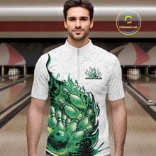 Load image into Gallery viewer, Cusom Green Flame Bowling Men Quarter-Zip Team Shirt, Fire Bowling Tournament Jersey IPHW11131