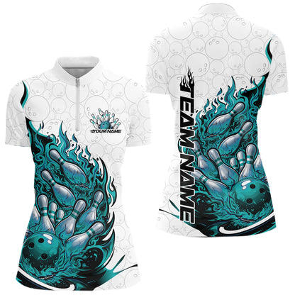Front and back mockup of womens bowling quarter zip in white and turquoise blue featuring flaming bowling ball crashing into pins with fiery stylized sports artwork.