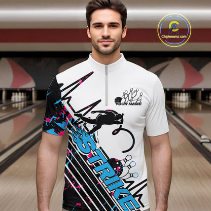 Custom Blue And Pink Camo Strike Bowling Quarter-Zip Shirts For Men, Bowling Heartbeat Pulse Line IPHW9248