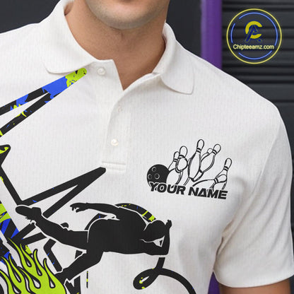 Custom Blue And Green Camo Strike Bowling Polo Shirt For Men, Bowling Heartbeat Pulse Line IPHW9249