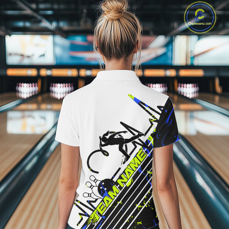 Custom Blue And Green Camo Strike Bowling Quarter-Zip Shirt For Women, Bowling Heartbeat IPHW9249