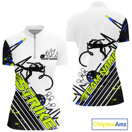 Custom Blue And Green Camo Strike Bowling Quarter-Zip Shirt For Women, Bowling Heartbeat IPHW9249