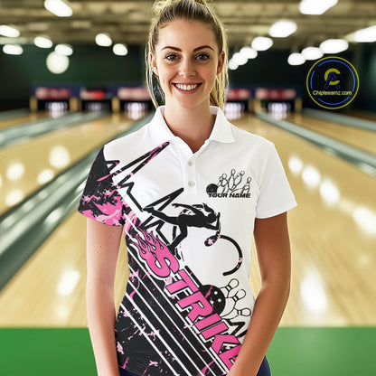 Custom Black And Pink Camo Strike Bowling Women Polo Shirt, Bowling Heartbeat Pulse Line IPHW9250