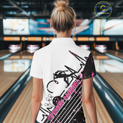 Custom Black And Pink Camo Strike Bowling Women Polo Shirt, Bowling Heartbeat Pulse Line IPHW9250