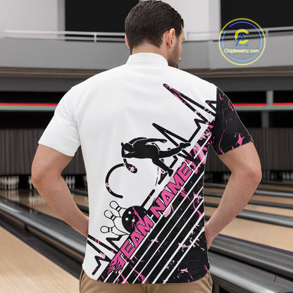 Custom Black And Pink Camo Strike Bowling Quarter-Zip Shirt For Men, Bowling Heartbeat Pulse Line IPHW9250
