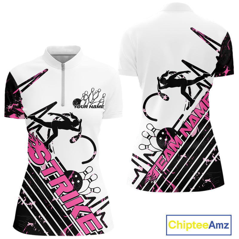 Custom Black And Pink Camo Strike Bowling Quarter-Zip Shirt For Women, Bowling Heartbeat IPHW9250