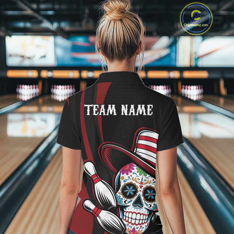 Custom Black And Red Sugar Skull Bowling Team Polo Shirts For Women, Bowling League Shirt IPHW9256