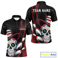 Load image into Gallery viewer, Custom Black And Red Sugar Skull Bowling Team Polo Shirts For Men, Bowling League Shirt IPHW9256