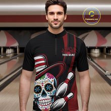 Load image into Gallery viewer, Custom Black And Red Sugar Skull Bowling Team Quarter-Zip Shirts For Men, Bowling League Shirt IPHW9256
