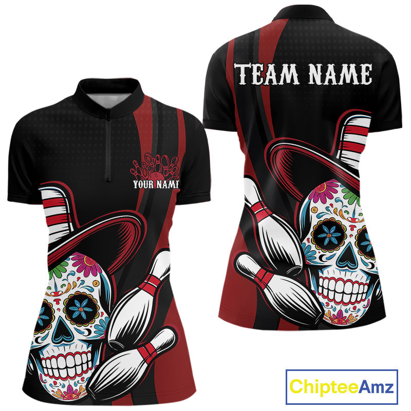 Custom Black And Red Sugar Skull Bowling Women Quarter-Zip Shirt, Bowling League Shirt IPHW9256