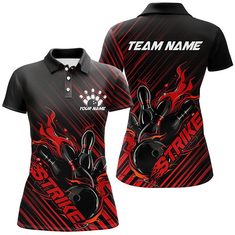Custom Black And Red Flame Ladies Bowling Shirts, Strike Bowling Team Shirts Outfit Bowling IPHW7319