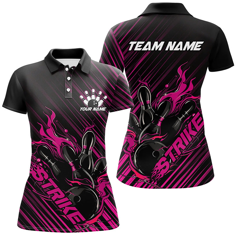 Custom Black And Pink Flame Ladies Bowling Shirts, Strike Bowling Team Shirt Outfit Bowling IPHW7321