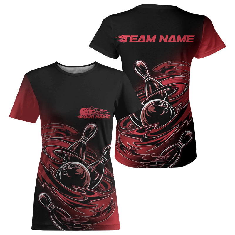 Custom Striking Black And Red Flame Bowling T-Shirts For Women, Red Bowling Jerseys IPHW8042