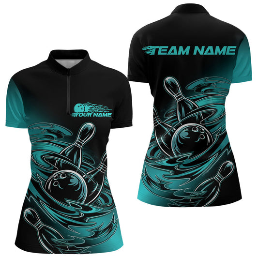 Custom Black And Blue Flame Ladies Bowling Quarter-Zip Shirts, Ball Blue Bowling Jerseys IPHW8044