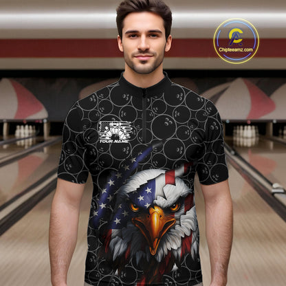 Custom Patriotic Eagle Men Bowling Team Shirt, US Flag Eagle Bowling League Shirt IPHW10191