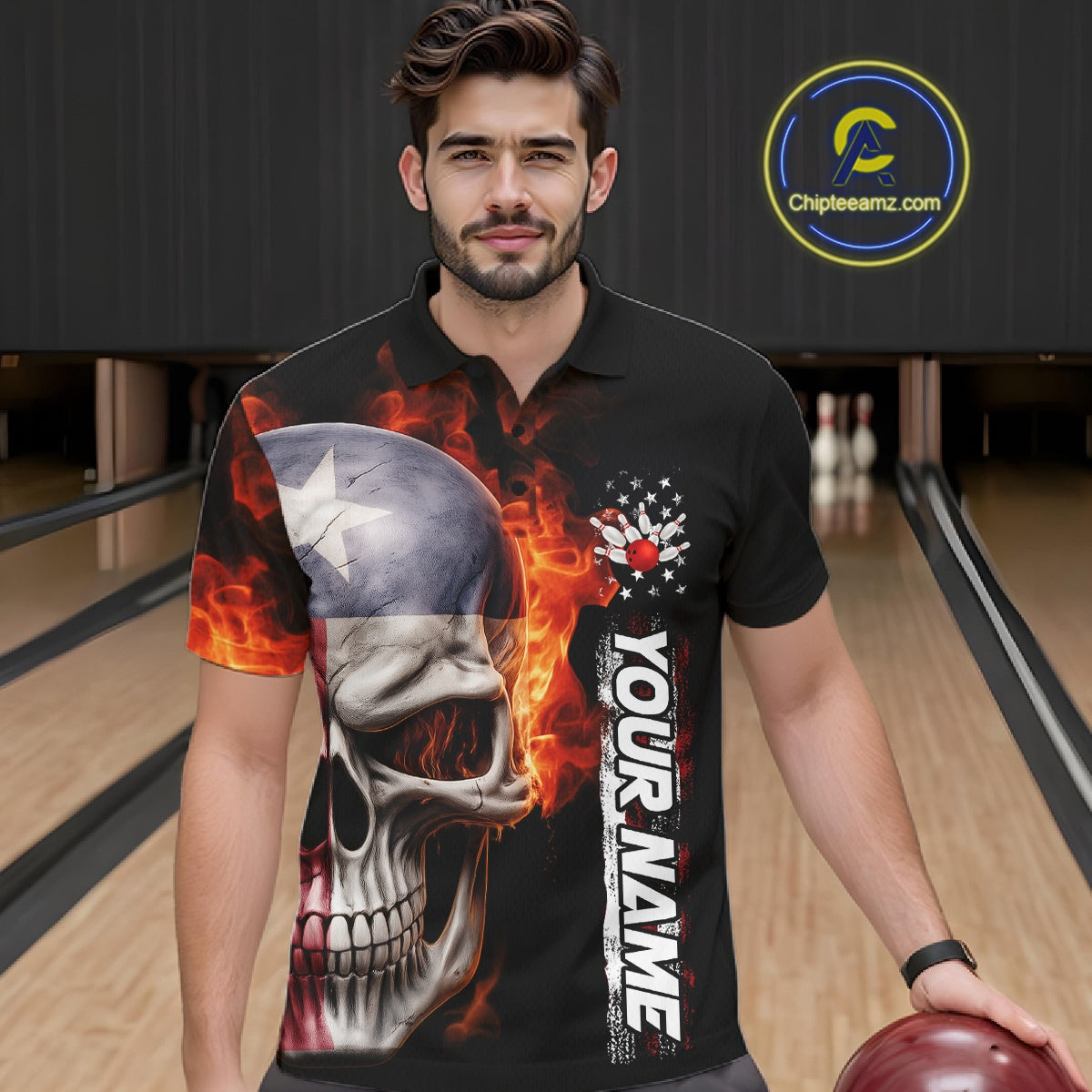 Custom Flame Skull American Texas Flag Men Bowling Team Shirt, Patriotic Bowling Jerseys IPHW10635