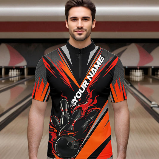 Custom Black And Red Flame Bowling Men Quarter-Zip Shirts, Fire Bowling Tournament Team Outfits IPHW8773